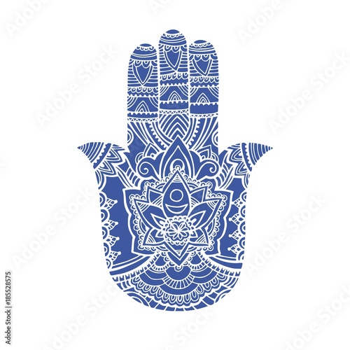 multicolored illustration of a hamsa hand symbol. Hand of Fatima religious sign with all seeing eye. Vintage bohemian style. Vector illustration in doodle zentangle style.