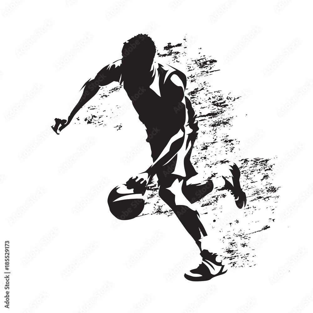 Fototapeta premium Basketball player running with ball, grungy vector silhouette
