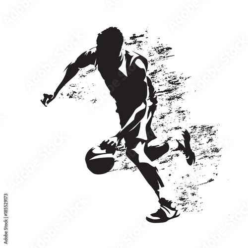Basketball player running with ball, grungy vector silhouette