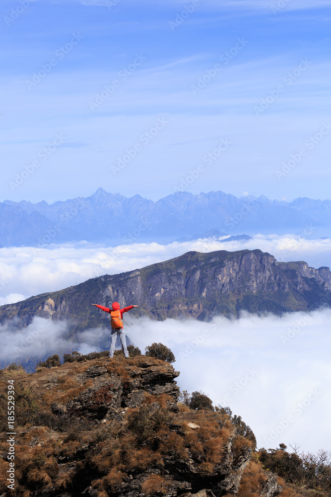 happy  successful woman hiker standing on mountain peak cliff edge