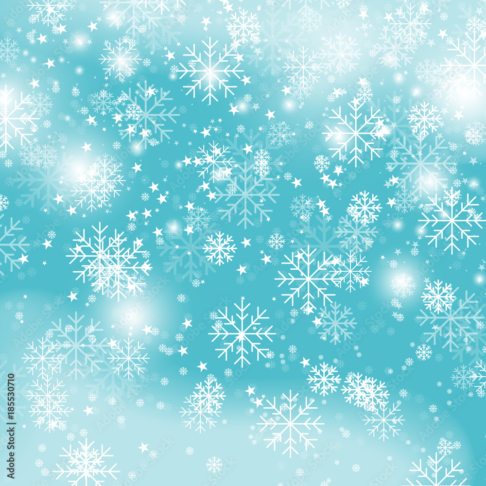 Blue snowflake background,christmas snowfall vector illustration. Winter pattern with snowflakes on blue. New Year snowfall wallpaper gradient vector image