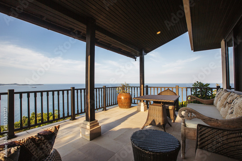Tropical luxury villa interior, sea view veranda