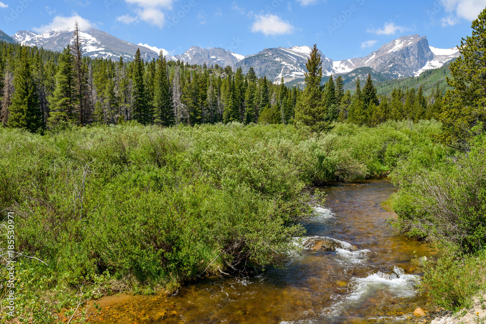 Glacier Creek - A summer view of Glacier Creek running through dense evergreen forest at base of snow-capped high mountain range in Rocky Mountain National Park, Estes Park, Colorado, USA. Glacier Creek - A summer view of Glacier Creek running through dense evergreen forest at base of snow-capped high mountain range in Rocky Mountain National Park, Estes Park, Colorado, USA.
