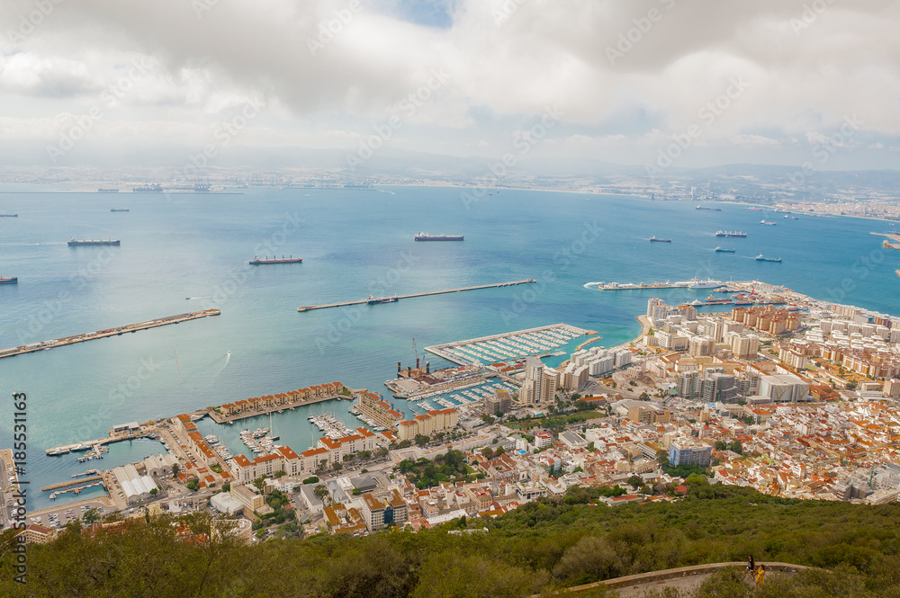United Kingdom Gibraltar panorama view to the ocean, city ships and pick from high point