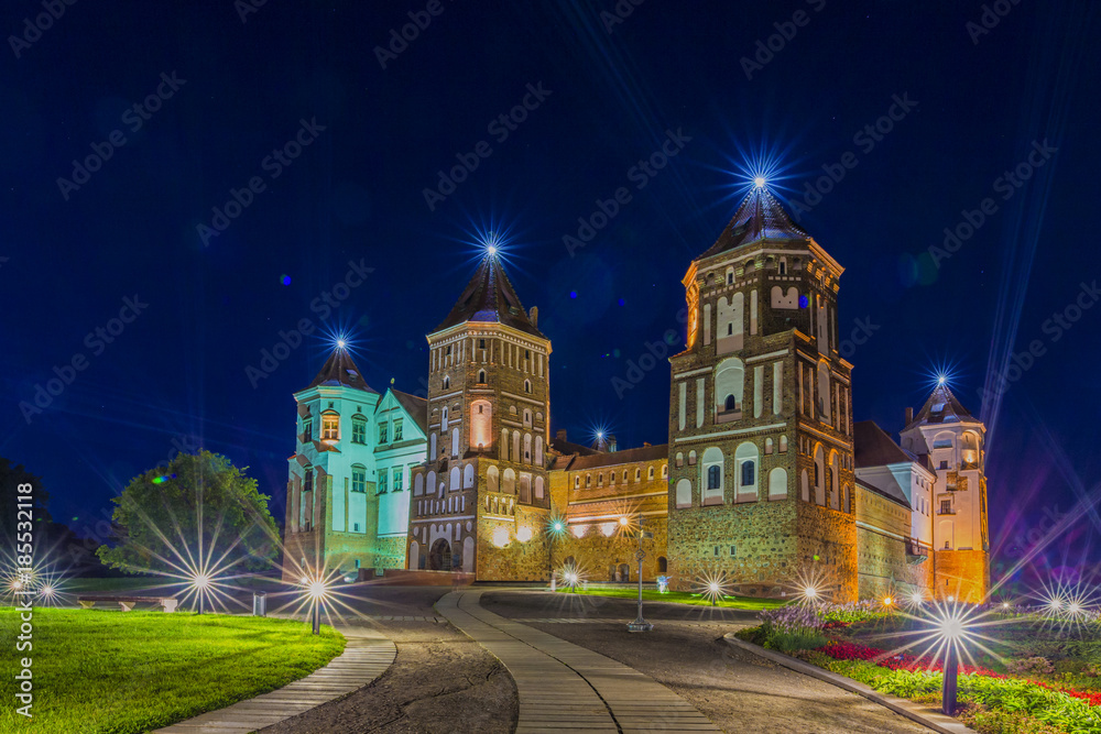 Obraz premium Travel Places. Beautiful Famous Mir Castle as Former Bastion and Fortress of The Great Lithuanian Kingdom, Present Belarus.