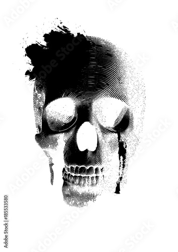 Engraving crying skull vector illustration on white BG