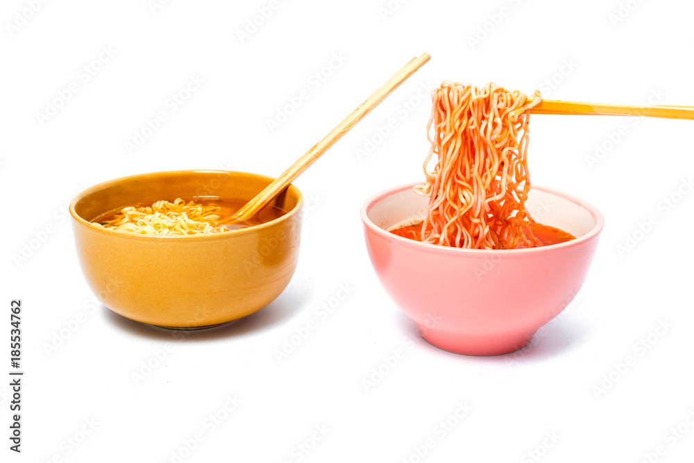Instant noodles and cup isolated on white background.Instant noodles for people Do not like to eat vegetables.Instant noodles in black cup on white background. Instant noodles and cup isolated on white background.Instant noodles for people Do not like to eat vegetables.Instant noodles in black cup on white background.