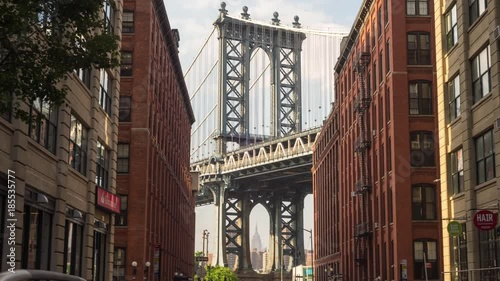 NY, USA – Moving timelapse/Hyperlapse of Manhattan bridge from Washington street on a beautiful day