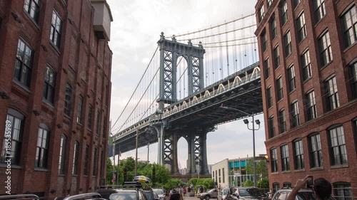 NY, USA – Moving timelapse/Hyperlapse of Manhattan bridge from Washington street on a beautiful day