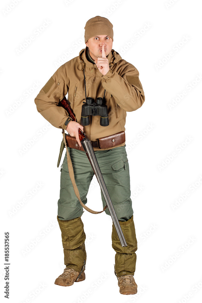 male hunter with double barreled shotgun Isolated on white background. hunting and people concept. male hunter with double barreled shotgun Isolated on white background. hunting and people concept.