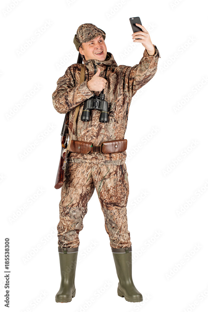 male hunter with double barreled shotgun Isolated on white background. hunting and people concept. male hunter with double barreled shotgun Isolated on white background. hunting and people concept.