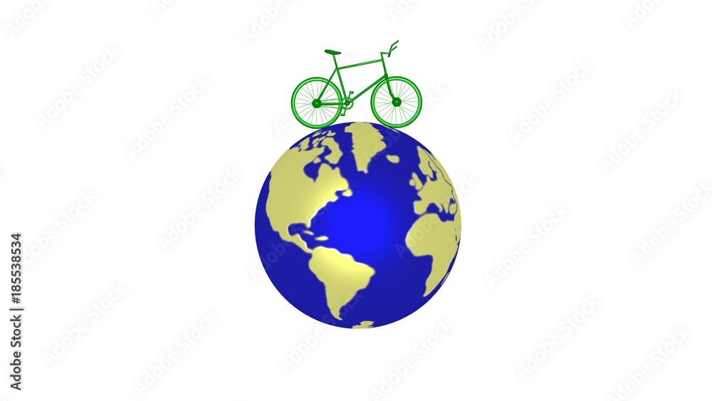 Bicycle on planet Earth . Single green bike on Earth. 3d render