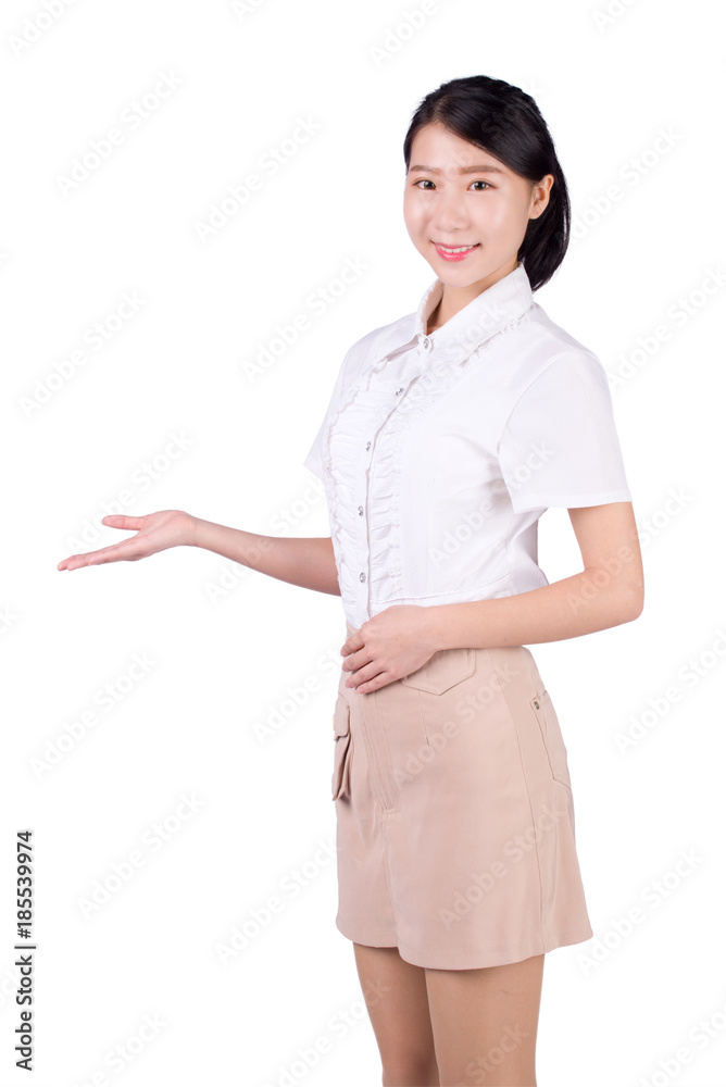 Young, confident and beautiful business woman pointing isolated on white background Young, confident and beautiful business woman pointing isolated on white background