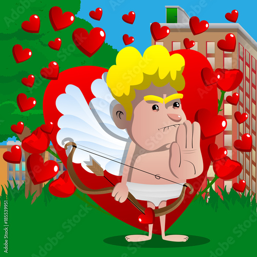 Cupid holding his hand as a stop sign, with bow and arrow in the other hand. Vector cartoon character illustration.