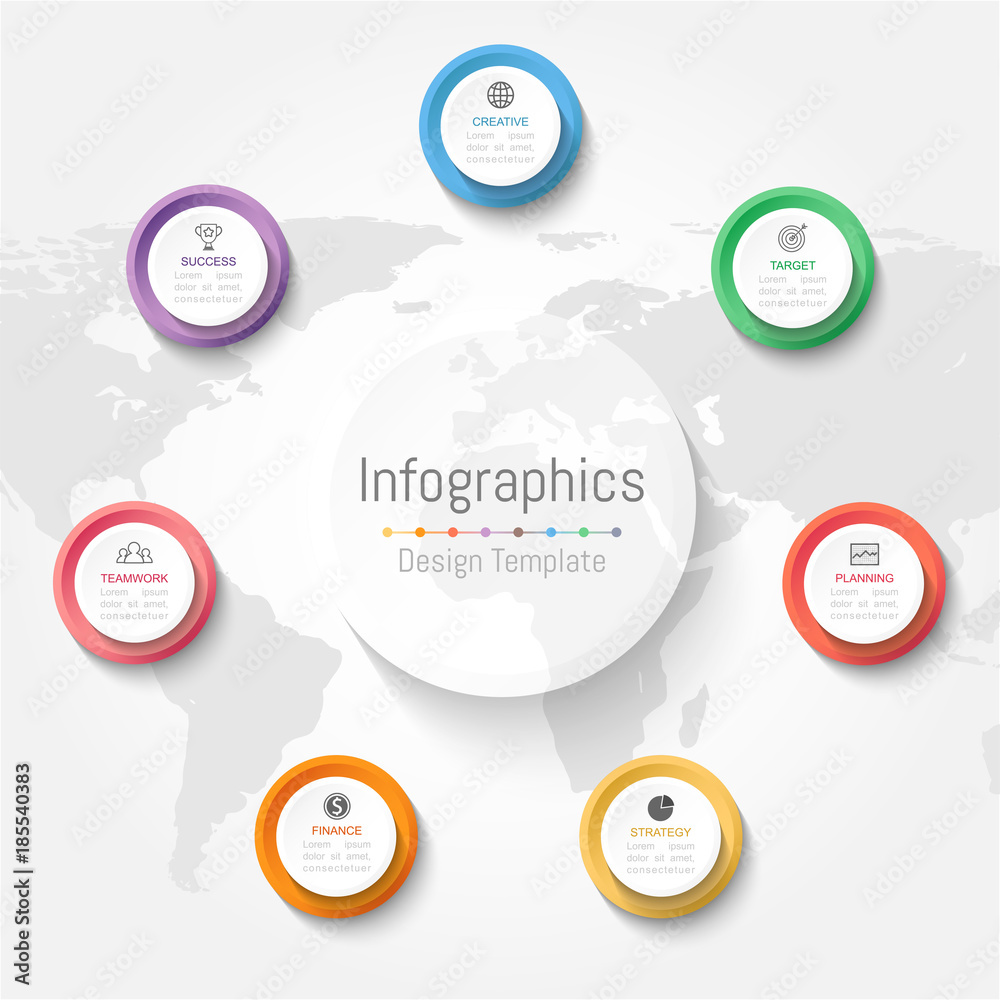 Infographic design elements for your business data with 7 options, parts, steps, timelines or processes. Vector Illustration. World map of this image furnished by NASA Infographic design elements for your business data with 7 options, parts, steps, timelines or processes. Vector Illustration. World map of this image furnished by NASA