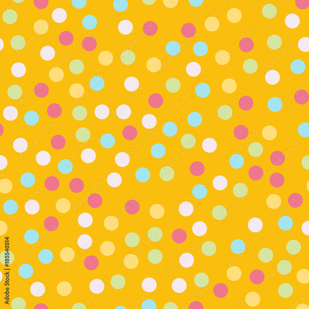 Colorful polka dots seamless pattern on bright 4 background. Lovely classic colorful polka dots textile pattern. Seamless scattered confetti fall chaotic decor. Abstract vector illustration. Colorful polka dots seamless pattern on bright 4 background. Lovely classic colorful polka dots textile pattern. Seamless scattered confetti fall chaotic decor. Abstract vector illustration.
