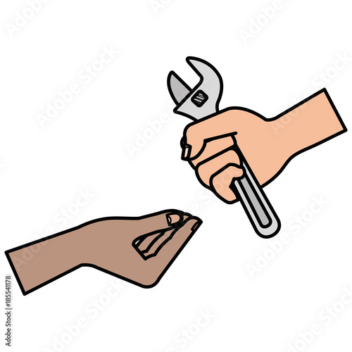 hands with wrench tool isolated icon