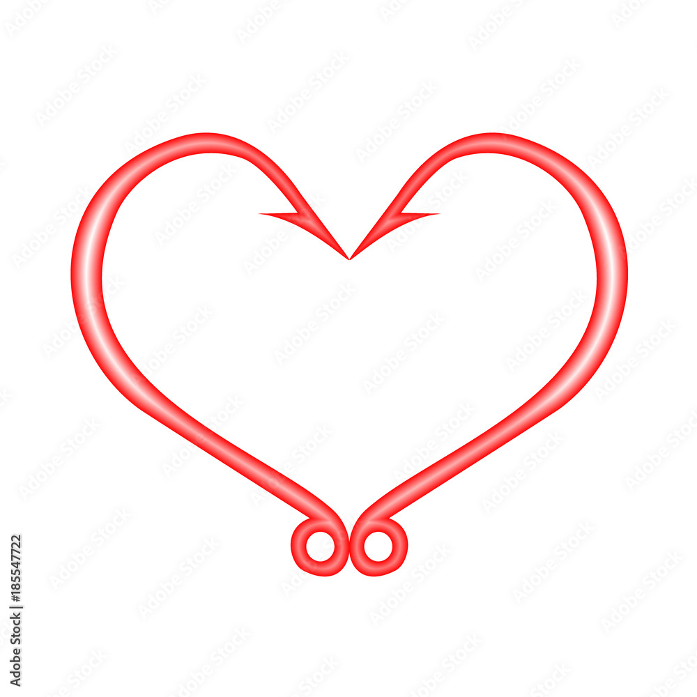 Red heart icon isolated on white. Fish hooks in heart shape. The concept of  love of fishing. Vector Illustration. Stock Vector | Adobe Stock