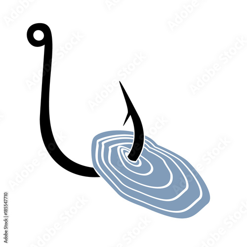 Black fishing hook with blue fish-scale isolated on white background. Sorrow of fisherman. Bad fortune. Fish away. Vector Illustration.