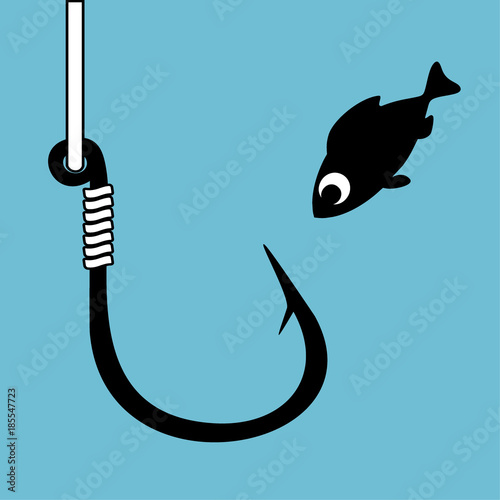 Black fish hook with fishing line isolated on blue. Funny cartoon fish looking at hook. Concept of curiosity. Close danger. Vector Illustration.