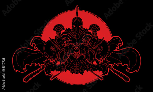 Group of Spartan warriors, Roman Helmet composition designed on sunlight background graphic vector photo