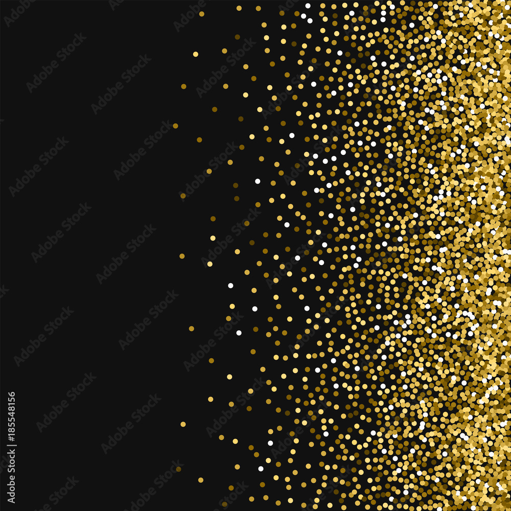 Round gold glitter. Scatter right gradient with round gold glitter on black background. Beauteous Vector illustration.