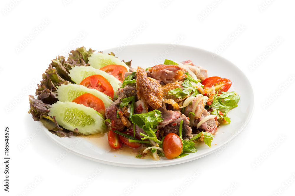 Roasted pork belly spicy salad isolated on white back ground