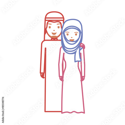 Cute arab couple cartoon neon lines