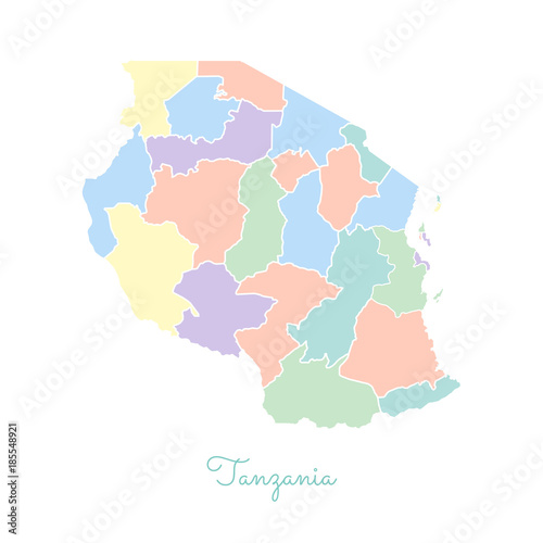 Tanzania region map: colorful with white outline. Detailed map of Tanzania regions. Vector illustration.