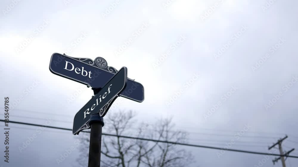 Symbolic crossroads typography with dark sky - Debt and Relief, Symbolic crossroads typography with dark sky - Debt and Relief,