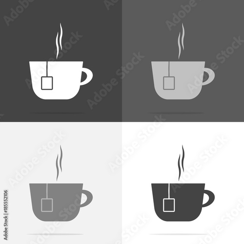 Vector set icon of a mug of hot tea. Tea bag.Vector white icon on white-grey-black color