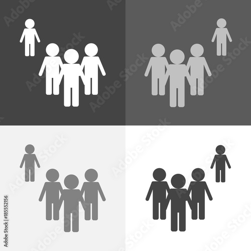 Vector  set image of a crowd of people and one person standing aside. A person different from others  in being outside the crowd. Persons symbol. Crowd signs on white-grey-black color.