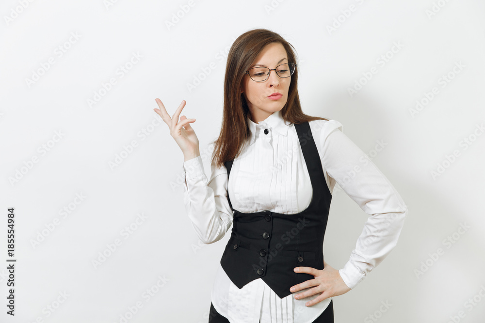 Beautiful smart pensive caucasian thoughtful young brown-hair business woman in black suit, white shirt and glasses isolated on white background. Manager or worker. Copy space for advertisement. Beautiful smart pensive caucasian thoughtful young brown-hair business woman in black suit, white shirt and glasses isolated on white background. Manager or worker. Copy space for advertisement.