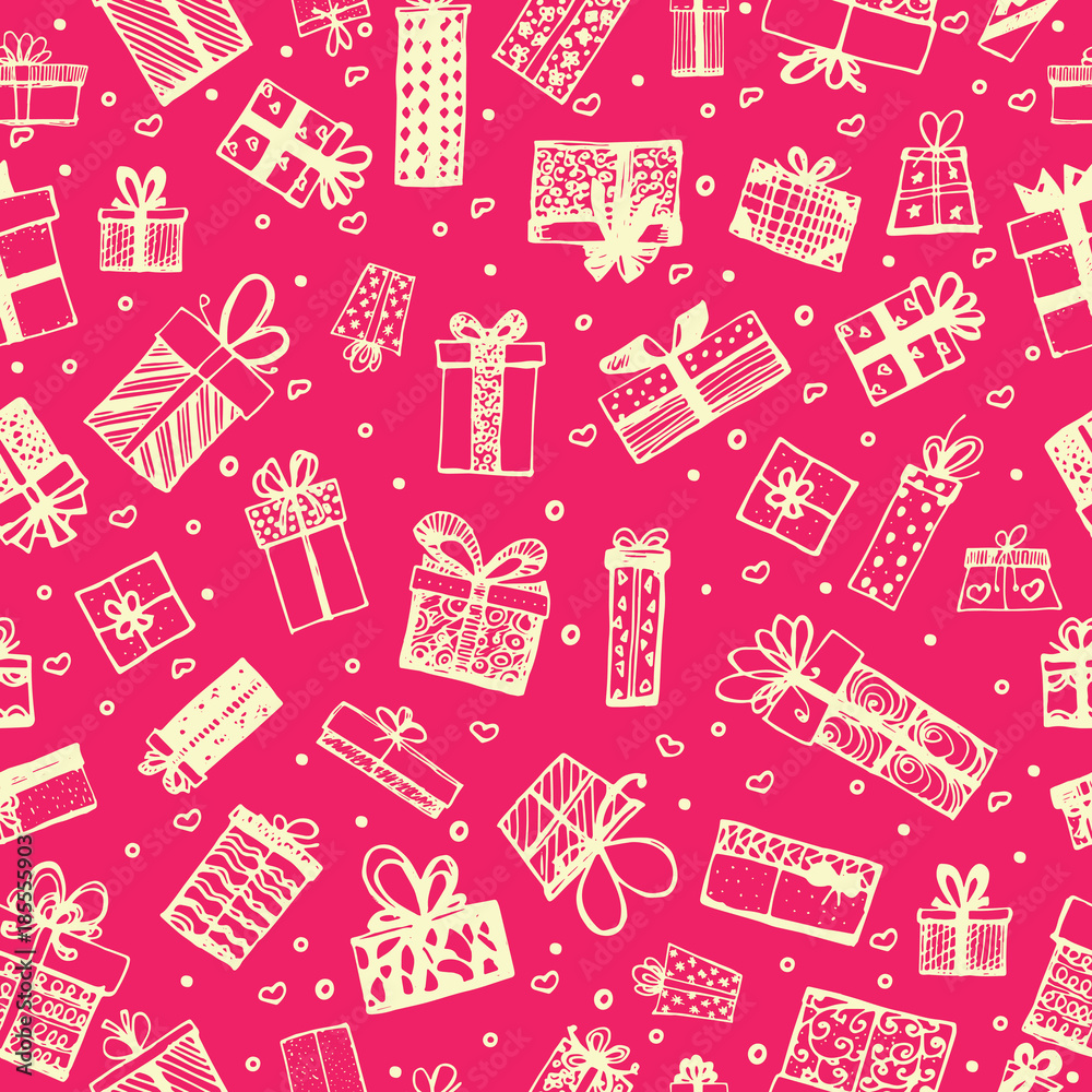 Seamless pattern with gift boxes. Hand drawn. Vector illustration