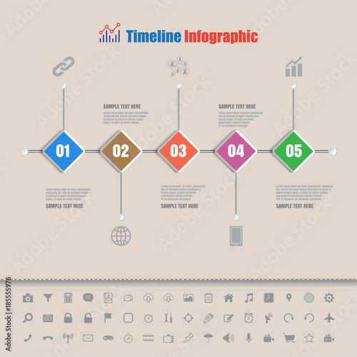 Design template, colorful business timeline infographic with set of icons can be used for brochure diagram planning data technology presentation chart website workflow. Vector illustration