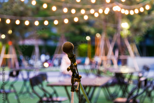 Microphone stand for the singer with the light hanging and table set for party in the park background