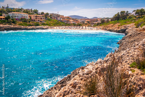 Turquoise lagoon at the coast of the Spanish island of Mallorca in the Mediterranean Sea, Europe.