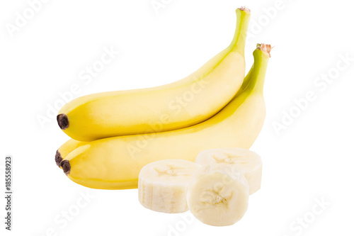 Three whole banana and pieces over white background