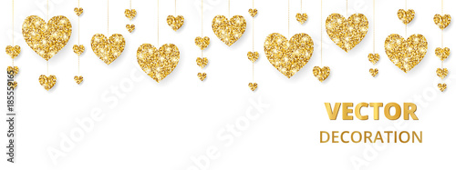 Golden hearts frame, border. Vector glitter isolated on white. For decoration of Valentine and Mothers day cards, wedding invitations