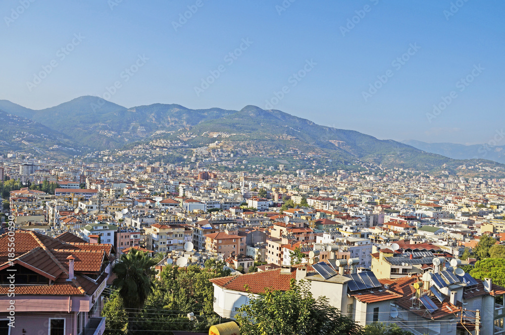 A view of the city of Alanya. Turkish city landscape. Landscape Antalya province.