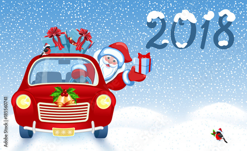 Christmas card with Santa Claus in red car with gift box against snowfal background