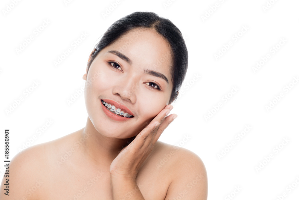 Beautiful woman face close up portrait studio on white background Beautiful woman face close up portrait studio on white background