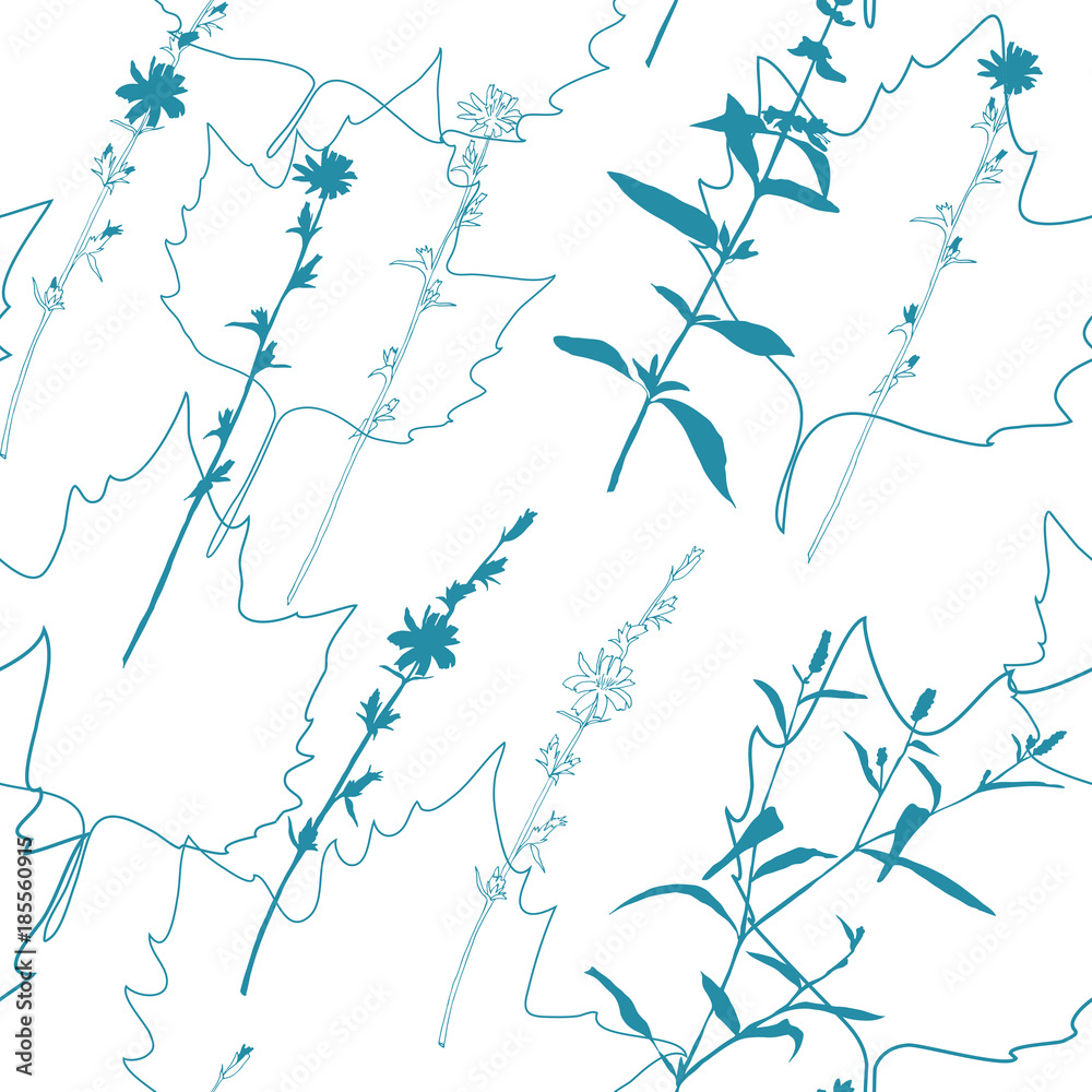 Obraz premium Summer flowers, herbs and leaves floral vector seamless pattern. Realistic botanical background with hand drawn chicory flowers, maple leaves and herbal grasses.