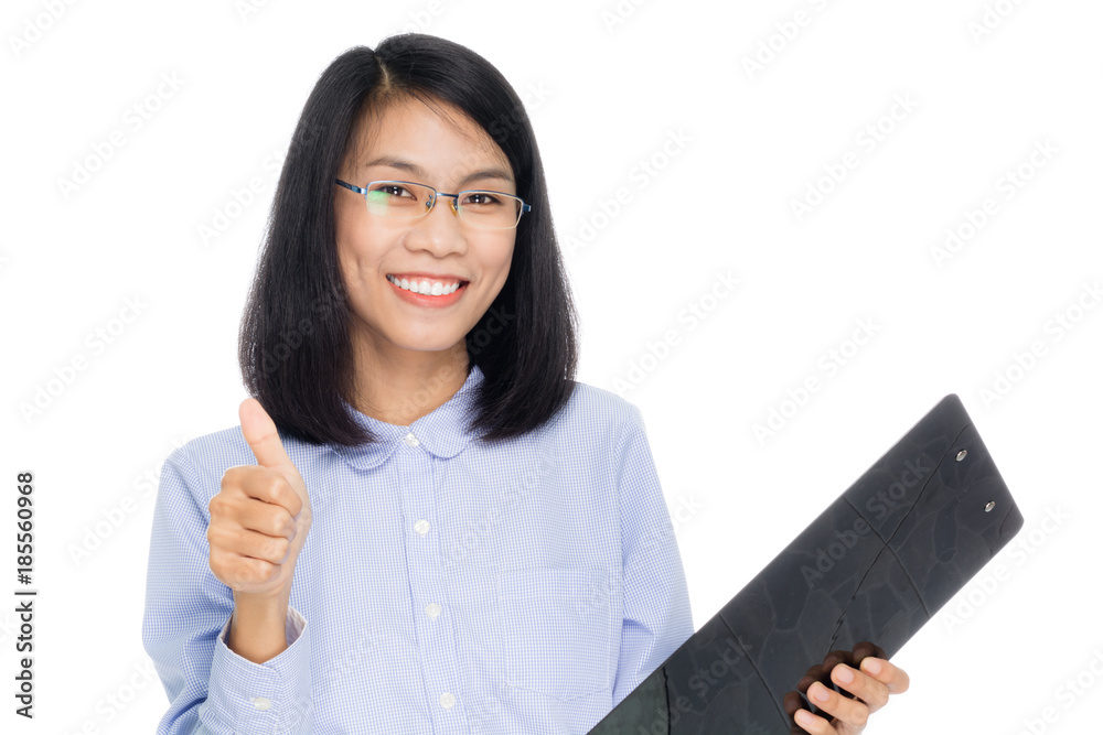 Beautiful asian business woman is reading annual report, portrait studio on white background Beautiful asian business woman is reading annual report, portrait studio on white background