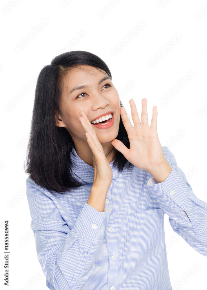 Beautiful asian business woman is yellng, portrait studio on white background Beautiful asian business woman is yellng, portrait studio on white background