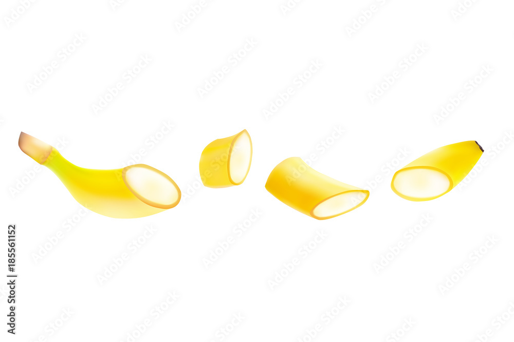 Banana with slices floating in the air, on a white background. Realistic vector illustration
