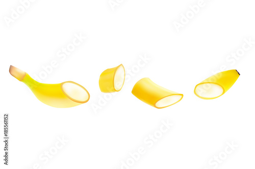 Banana with slices floating in the air, on a white background. Realistic vector illustration