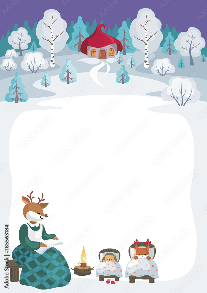 Fototapeta premium Children's background with the image of funny forest animals and winter landscape. 
