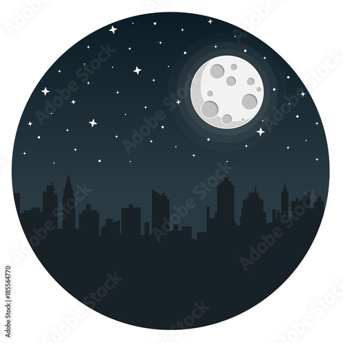 Stadt bei Nacht mit Mond und Sternen Flat Design Icon