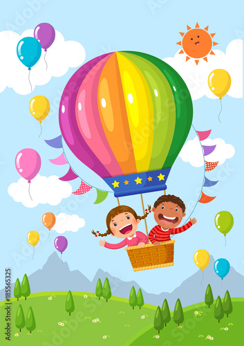 Cartoon kids riding a hot air balloon over the field